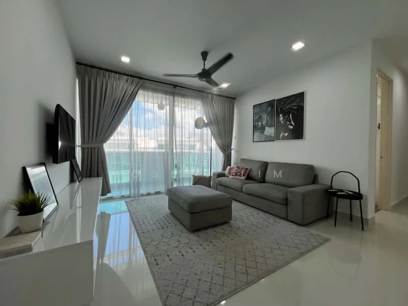 Living features: grey fabric sofa, ottoman, area rug with geometric pattern, wall-mounted TV, white TV console, 5-blade ceiling fan with light, floor-to-ceiling windows, sheer curtains, decorative wall art, light-colored walls, glossy tile flooring; style: modern; view: city.