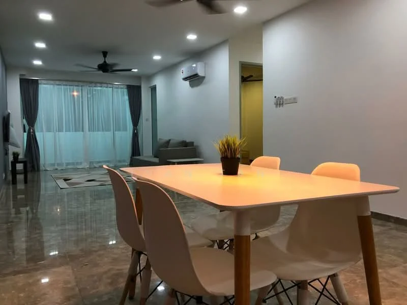 Dining features: 4-seater dining table with light wood top, white plastic dining chairs with wooden legs, marble flooring, recessed LED downlights, grey curtains, decorative plant in pot; style: modern. Living features: sofa in grey fabric, wall-mounted TV, ceiling fan, floor-to-ceiling windows with sheer curtains, area rug with geometric pattern; style: modern.