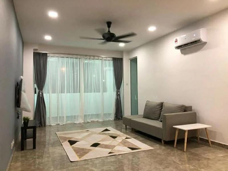Living features: grey fabric sofa, white side table, area rug with geometric pattern, floor-to-ceiling windows, sheer curtains, grey accent wall, light grey tile flooring, 5-blade ceiling fan with light, wall-mounted TV, wall-mounted air conditioning unit; style: modern.