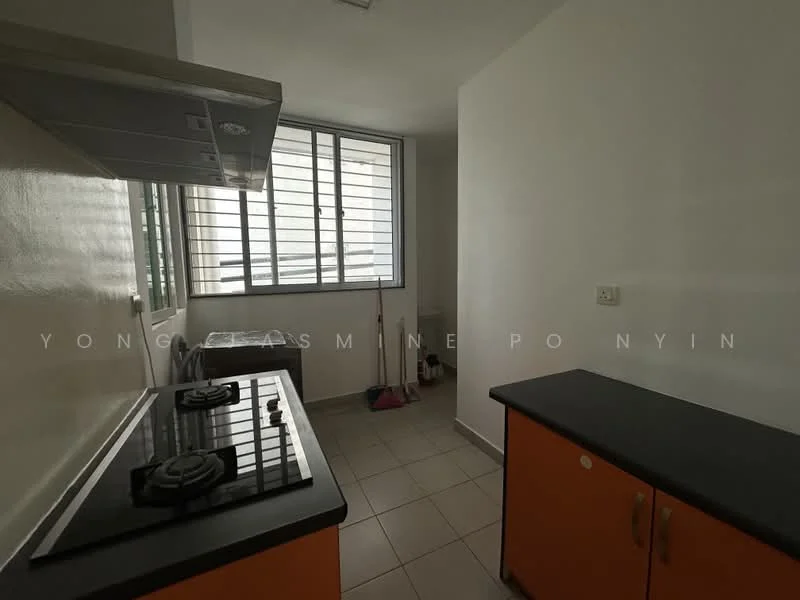 Kitchen features: black countertop, orange cabinetry, 2-burner gas hob, stainless-steel range hood, tile flooring, window with horizontal slats, wall-mounted cabinet, clean white walls; style: modern. Room features: tile flooring, white walls, window, clean space.