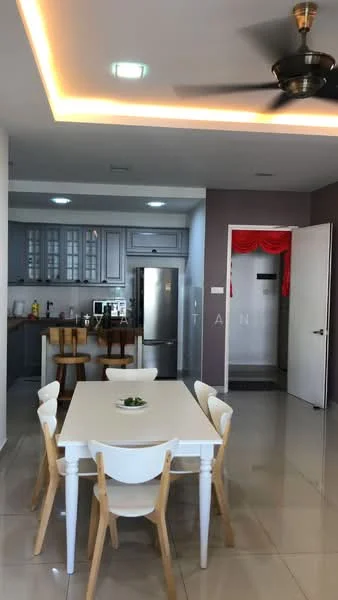 Dining features: white dining table, 4 wooden dining chairs, pendant light, grey walls, tile flooring, open-plan layout, kitchen visible in background, stainless-steel fridge, wooden cabinetry, countertop with bar stools, recessed lighting, ceiling fan; style: modern. Kitchen features: grey cabinetry, stainless-steel appliances, kitchen island with bar stools, ceramic tile backsplash, double-bowl stainless-steel sink, chrome pull-down faucet, built-in oven, microwave, 4-burner gas hob, open shelving; style: modern.