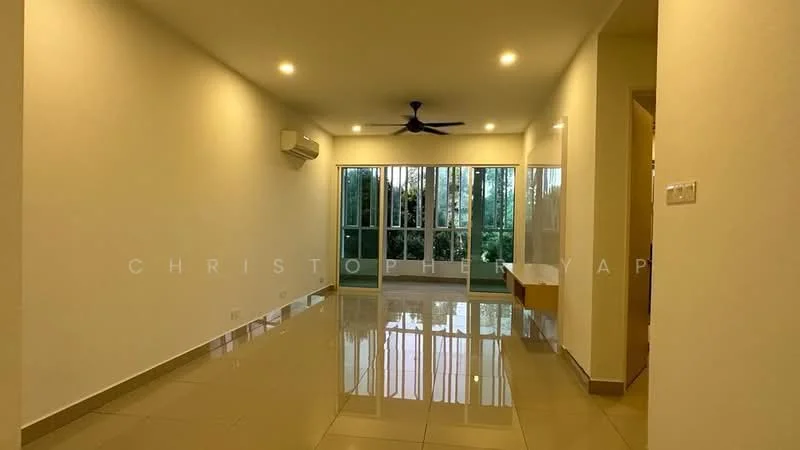 Living features: white painted walls, glossy tile flooring, 5-blade ceiling fan with light, floor-to-ceiling windows, sliding glass door, natural light from windows, air conditioning unit, built-in wall shelf; style: modern; view: garden.