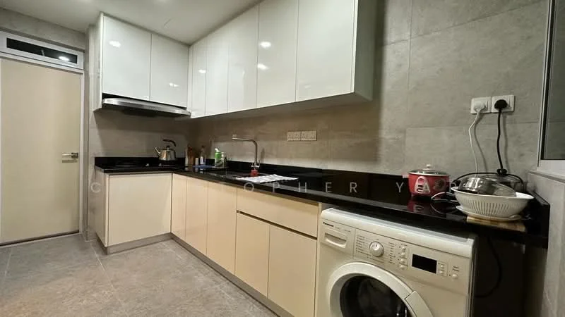 Kitchen features: white high-gloss cabinetry, black granite countertop, stainless-steel sink, chrome pull-down faucet, built-in oven, 4-burner gas hob, exhaust hood, front-load washing machine, ceramic tile flooring, grey tiled backsplash, wall-mounted storage shelves, under-cabinet lighting; style: modern.