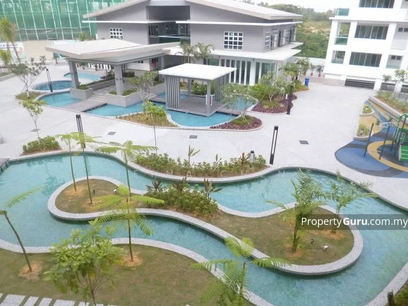 Exterior type: clubhouse; features: landscape garden with water features, manicured lawn, paved walkways, tropical landscaping, outdoor seating areas, children's playground, swimming pool, surrounding greenery; style: modern.