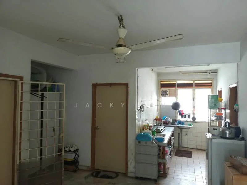 Kitchen features: white painted walls, tile flooring, 5-blade ceiling fan, single-bowl stainless-steel sink, chrome pull-down faucet, kitchen cabinets, countertop, built-in oven, stainless-steel kettle, microwave, refrigerator, window with natural light. Room features: white painted walls, tile flooring, door leading to another room, partition with metal frame.