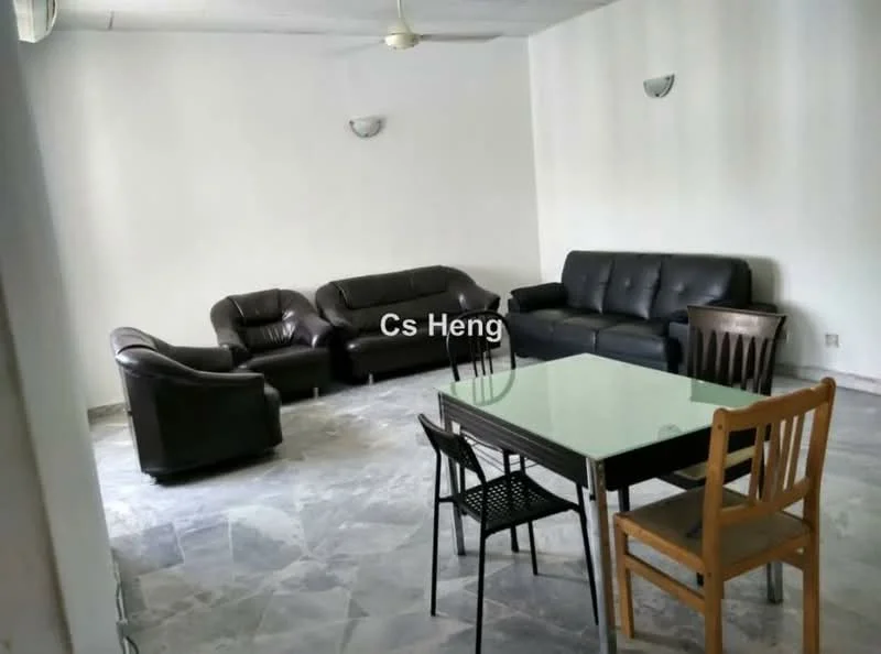 Living features: 3-seater leather sofa in black, 2-seater leather sofa in black, 1-seater leather armchair in black, glass-top dining table, 4 dining chairs, marble flooring, ceiling fan, wall-mounted sconces, white painted walls; style: modern.
