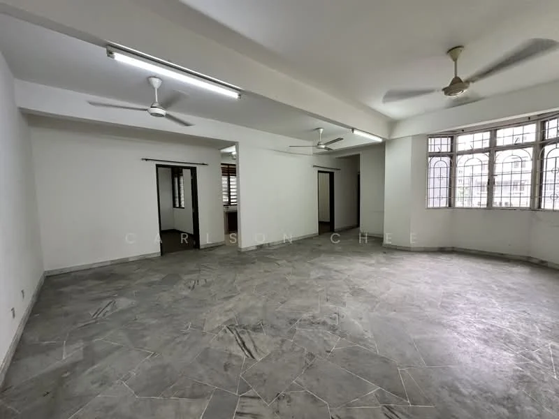 Room features: grey stone flooring, white painted walls, 2 ceiling fans, large windows with decorative grille, multiple doorways, natural light from windows, open layout, no visible furniture; style: minimalist.