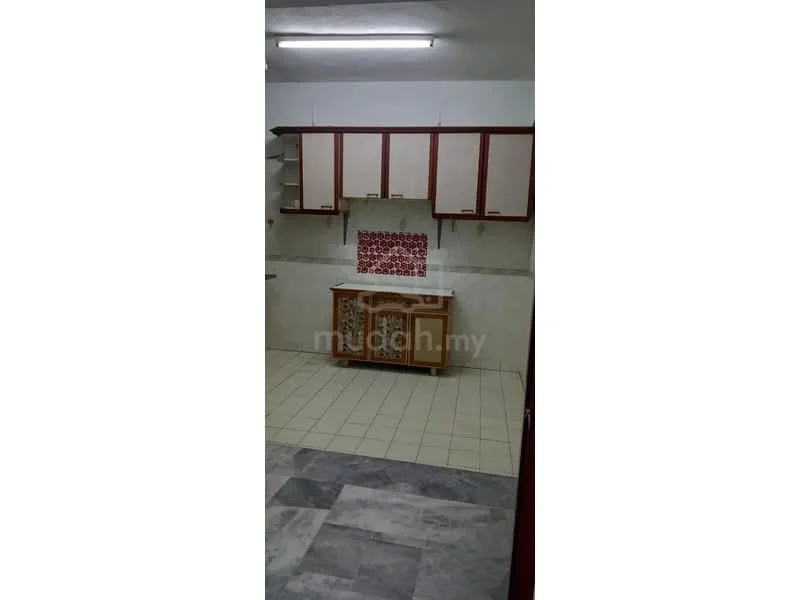 Kitchen features: white cabinets with wood trim, red patterned backsplash, marble countertop, single-bowl stainless-steel sink, built-in shelving, tile flooring, fluorescent ceiling light, wall-mounted cabinets.