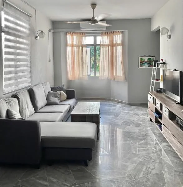 Living features: 3-seater fabric sofa in grey, sectional sofa, coffee table, TV console, wall-mounted TV, marble tile flooring, white painted walls, floor-to-ceiling windows, sheer curtains, ceiling fan, decorative wall art, ladder, natural light from windows; style: modern; view: garden.