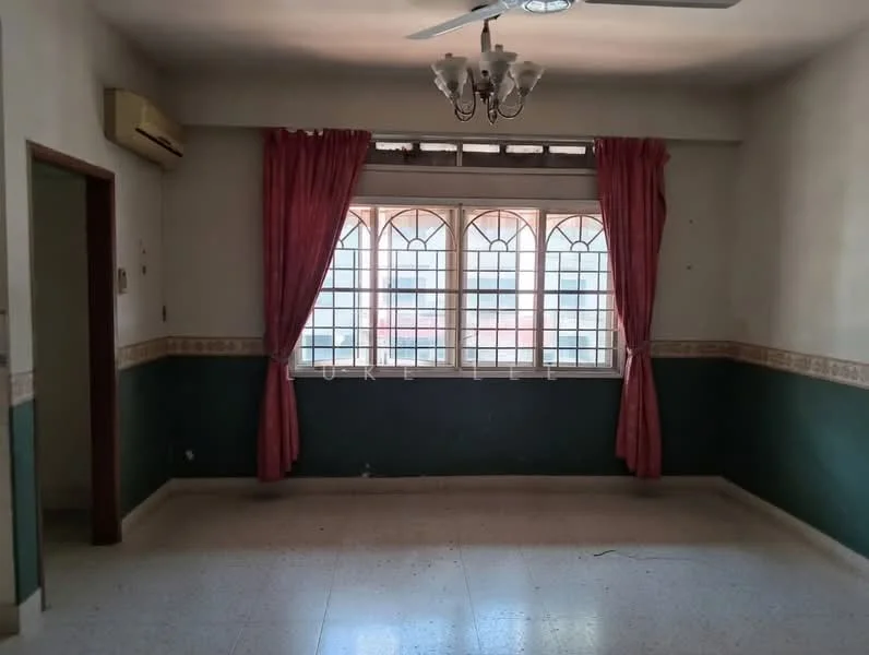 Living features: cream painted walls, green accent wall, tile flooring, 5-blade ceiling fan with light, curtains in red, window with grid pattern, air conditioning unit on wall, decorative wall trim.