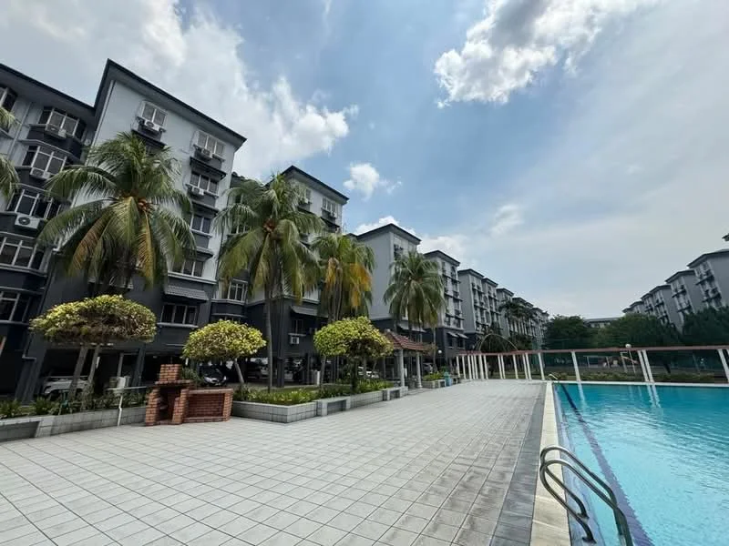 Exterior type: low-rise apartment block; features: swimming pool, paved pool deck, landscaped garden with palm trees, manicured shrubs, multiple storey buildings, balconies on upper floors, outdoor seating area, sunny sky, surrounding greenery; style: modern.