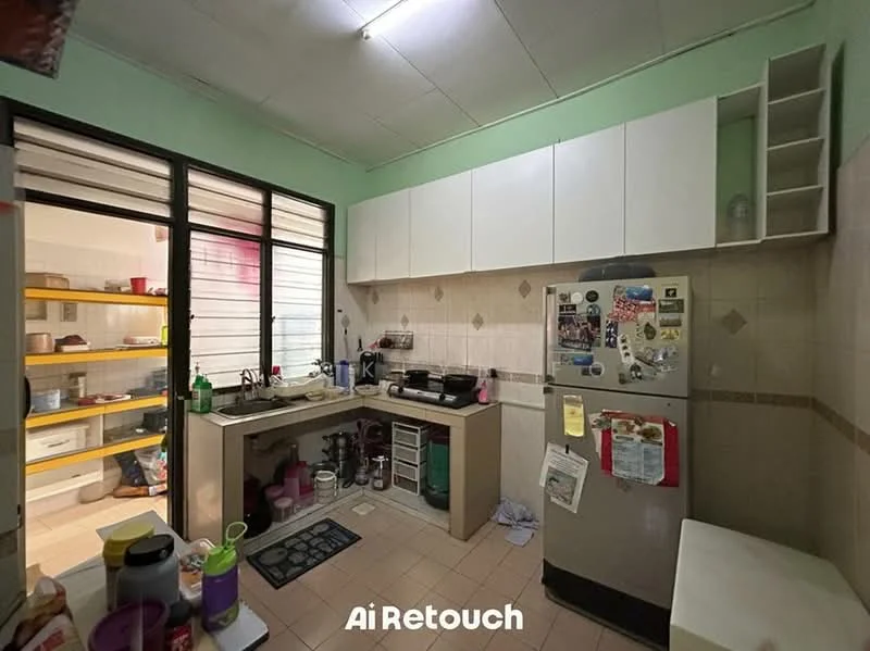 Kitchen features: white upper cabinets, grey lower cabinets, stainless-steel fridge, built-in stove, single-bowl stainless-steel sink, chrome pull-down faucet, tile backsplash, ceramic tile flooring, window with black frame, countertop with space for appliances, open shelving, kitchen rug.