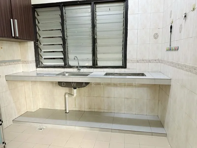 Kitchen features: double-bowl stainless-steel sink, chrome pull-down faucet, grey laminate countertop, white tiled backsplash, cream tiled walls, light grey floor tiles, built-in cabinetry with wood finish, window with metal grilles, open shelving above sink; style: modern.
