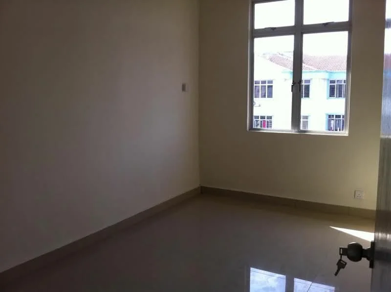Room features: cream painted walls, glossy tile flooring, single window with white frame, natural light from window, corner of room with door, minimal decor; style: minimalist.