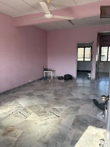 Room features: pink painted walls, marble tile flooring, ceiling fan, window with view to outside, doorway leading to another room, unfurnished space, visible electrical outlets, light fixture on ceiling.