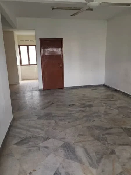 Room features: marble flooring, white painted walls, ceiling fan, wooden door, large window, natural light, neutral color scheme.