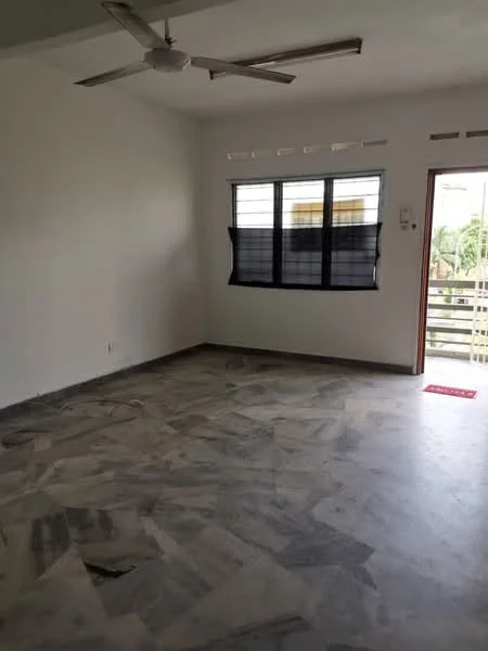 Room features: white painted walls, marble flooring, ceiling fan, sliding glass door, blackout curtains, window with view, door leading outside, light source from window.