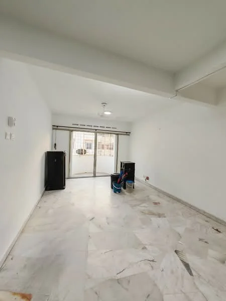 Room features: white painted walls, marble flooring, ceiling fan, sliding glass door, floor-to-ceiling windows, natural light, open layout, window treatments.