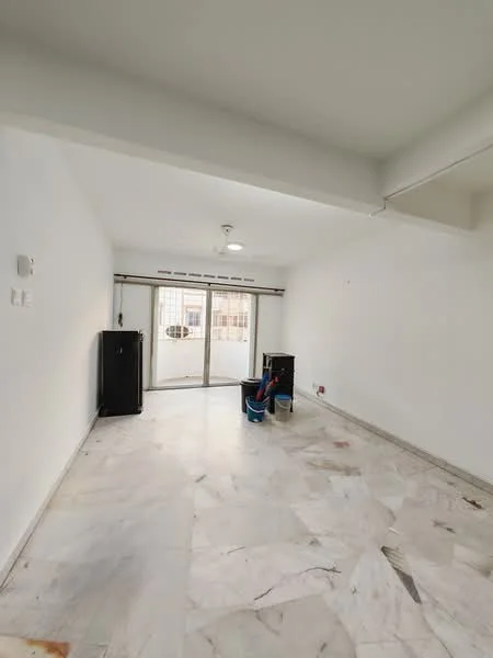 Room features: white painted walls, marble flooring, ceiling light fixture, sliding glass door, window with security grille, open space layout.