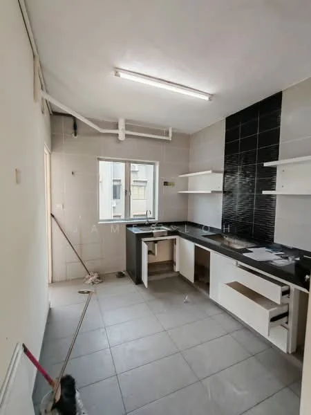Kitchen features: black countertop, white cabinetry, open shelving, black tiled backsplash, grey ceramic tile flooring, single-bowl stainless-steel sink, window with view to outside, fluorescent ceiling lights, plumbing pipes visible, unfinished cabinetry, no visible appliances; style: modern.