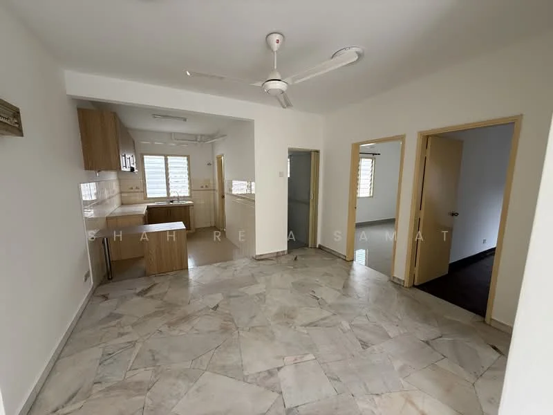 Room features: marble flooring, white painted walls, ceiling fan, wood cabinetry, kitchen island, window with blinds, doorway to adjacent rooms, natural light from windows; style: modern.