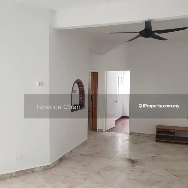 Room features: white painted walls, marble flooring, ceiling fan, mirror on wall, doorway leading to another room, window with natural light, light-colored trim, open layout; style: minimalist.