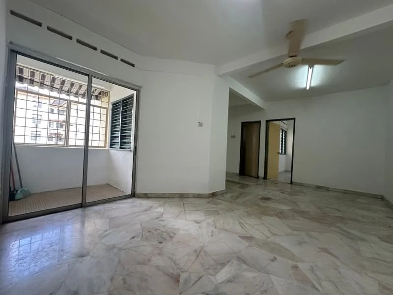 Room features: white painted walls, marble flooring, 5-blade ceiling fan, sliding glass door, floor-to-ceiling windows, natural light from windows, open layout, window treatments, light fixture on ceiling; style: modern.
