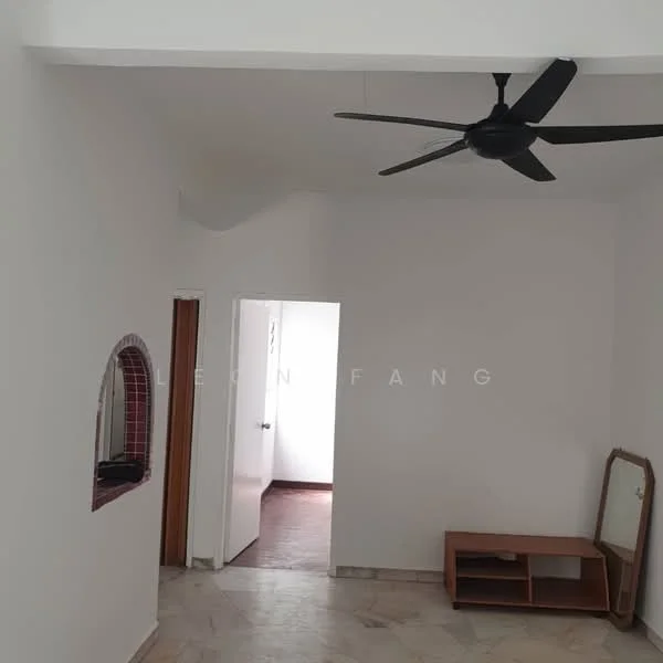 Room features: white painted walls, marble flooring, 5-blade ceiling fan, arched opening, wooden door, wooden console table, natural light from window, no visible decor; style: minimalist.