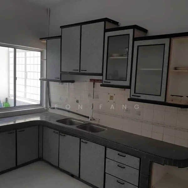 Kitchen features: L-shaped countertop, double-bowl stainless-steel sink, chrome pull-down faucet, grey laminate cabinetry with glass fronts, white tiled backsplash, wall-mounted cabinets, under-cabinet lighting, built-in shelves, tile flooring, large window providing natural light; style: modern.