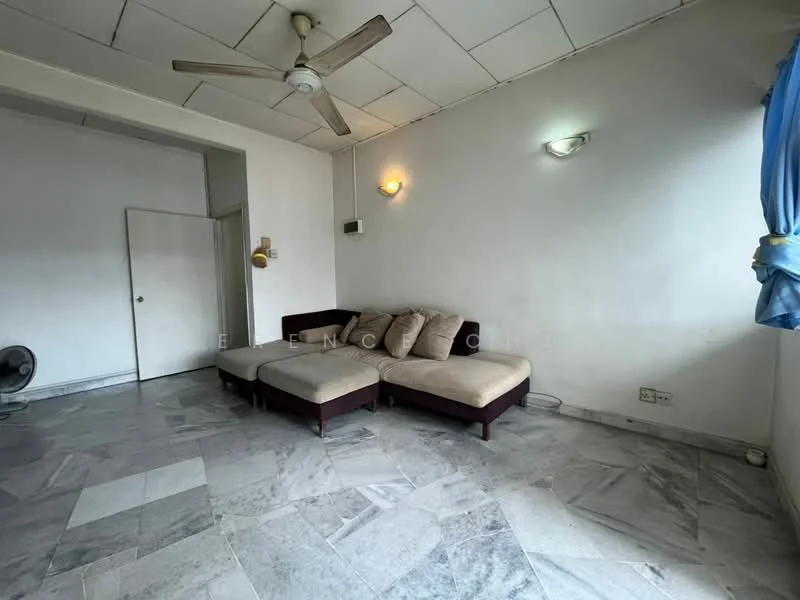 Living features: marble flooring, white painted walls, ceiling fan, sofa with beige upholstery, wall-mounted light fixtures, curtains in blue fabric, corner for door access, air conditioning unit.
