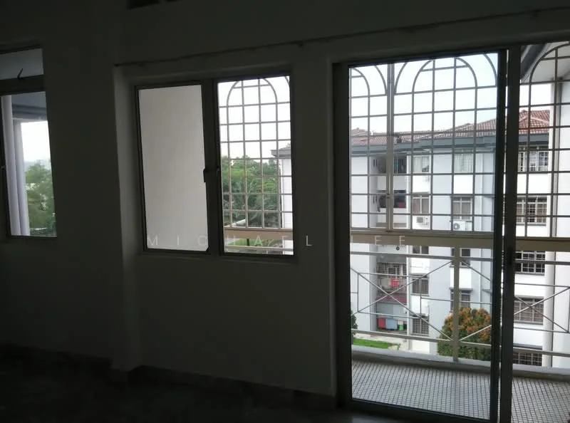 Room features: floor-to-ceiling windows, grille window design, white painted walls, grey tiled flooring, balcony access, natural light, view of greenery, view of adjacent building; view: garden.