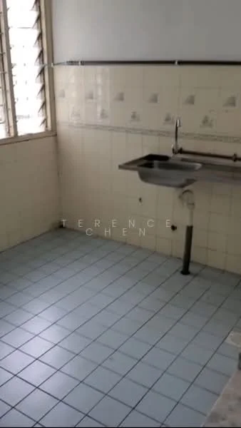 Kitchen features: single-bowl stainless-steel sink, chrome faucet, white tiled walls, light blue ceramic tile flooring, window with horizontal slats, countertop with backsplash, metal wall-mounted shelf.