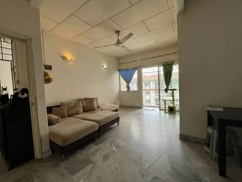 Living features: L-shape sectional sofa in beige, marble flooring, ceiling fan, floor-to-ceiling windows, sheer curtains, green curtains, decorative wall sconce, open layout, natural light, access to balcony; style: modern; view: city.