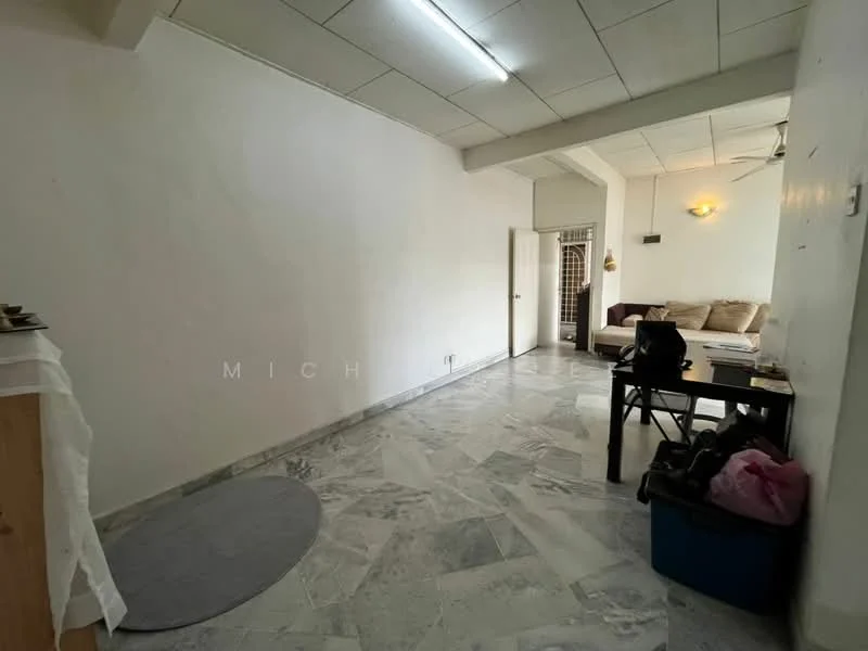 Living features: white painted walls, marble flooring, ceiling fan, sofa in beige, dining table, door leading to another room, window with natural light, light fixtures on ceiling.