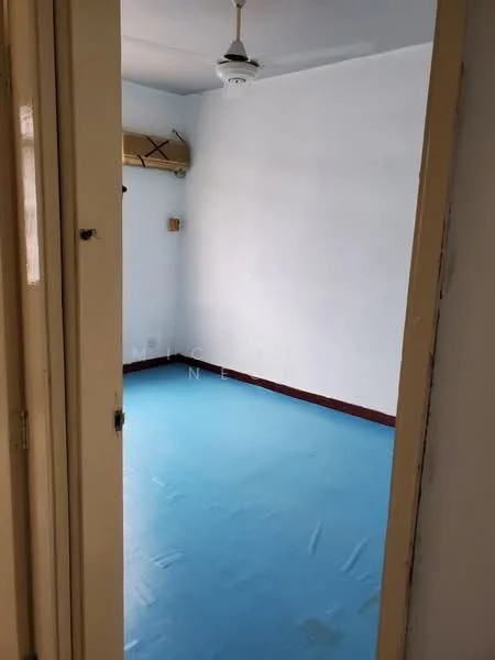 Room features: blue vinyl flooring, white painted walls, ceiling fan, wooden shelf, door frame, window frame.