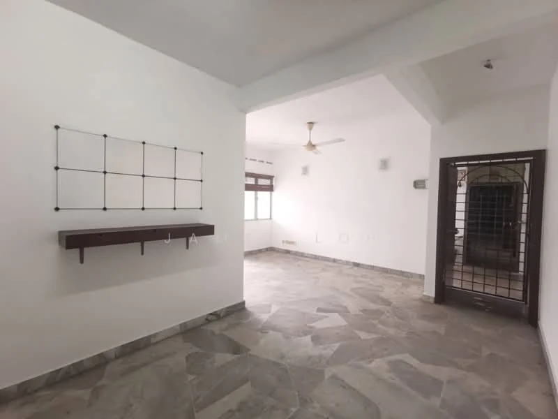 Room features: white painted walls, ceiling fan, large windows, grey stone flooring, open layout, natural light, wall-mounted shelf, door with security grille; style: modern.