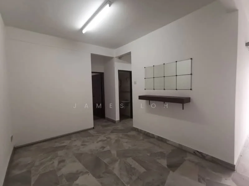 Room features: white painted walls, marble tile flooring, ceiling lights, shelf mounted on wall, doorway leading to another room, neutral color scheme; style: modern.