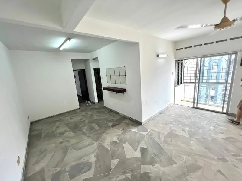 Room features: grey stone flooring, white painted walls, ceiling lights, large windows with metal grills, open layout, corner wall with window, doorway leading to another room, wall-mounted shelf; style: modern.