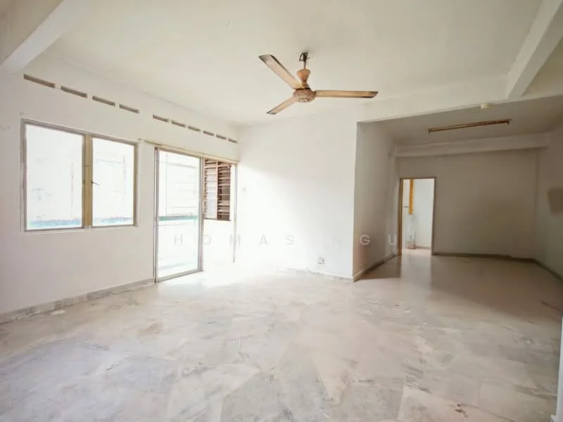Living features: marble flooring, white painted walls, 5-blade ceiling fan, floor-to-ceiling windows, sliding glass door, natural light from windows, open layout, no visible furniture.