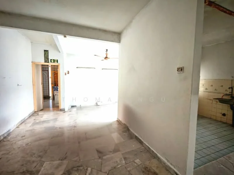 Room features: white painted walls, marble flooring, ceiling fan, doorway leading to another room, window, tile flooring in adjacent room, sink in adjacent room.