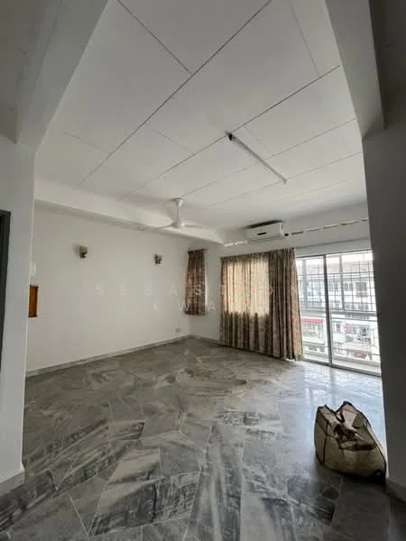 Living features: marble flooring, white painted walls, ceiling fan, recessed downlights, floor-to-ceiling windows, curtains, sliding glass door, decorative wall sconces; style: modern; view: city.