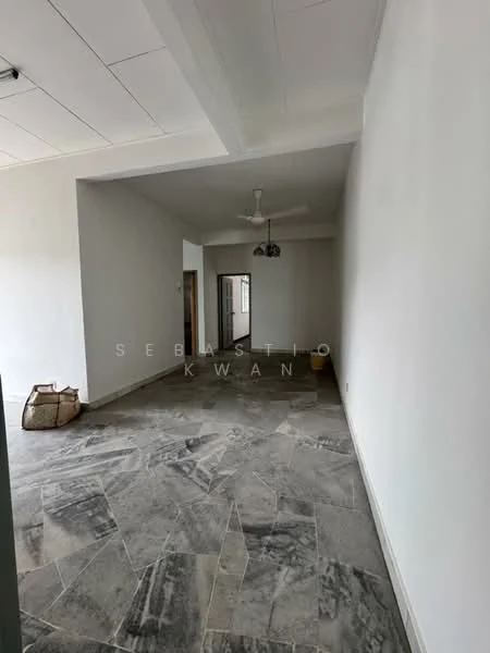 Room features: grey marble flooring, white painted walls, exposed ceiling beams, ceiling fan with light, large open space, natural light from windows, doorway leading to another room, decorative light fixture; style: modern.