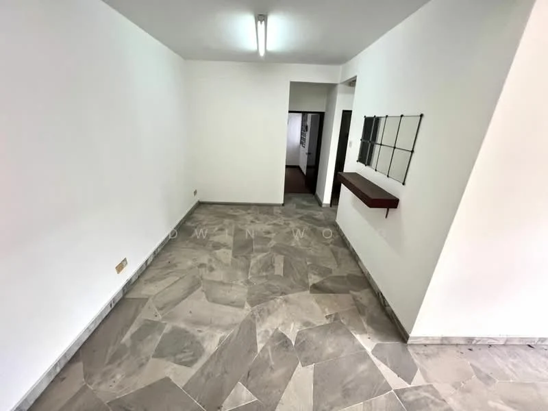 Room features: white painted walls, grey marble tile flooring, fluorescent ceiling lights, open layout, narrow wall shelf, doorway leading to another room, large window opening, neutral color scheme; style: modern.