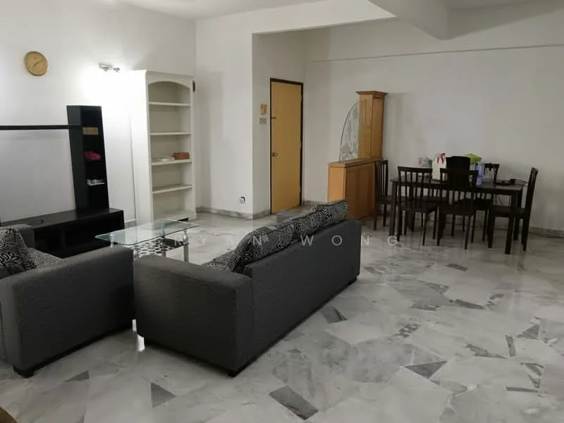 Living features: grey fabric 3-seater sofa, grey fabric 2-seater sofa, marble flooring, wall-mounted TV console, decorative wall clock, open shelving unit, dining table with 6 chairs, wooden sideboard, large windows, neutral painted walls, recessed lighting; style: contemporary.