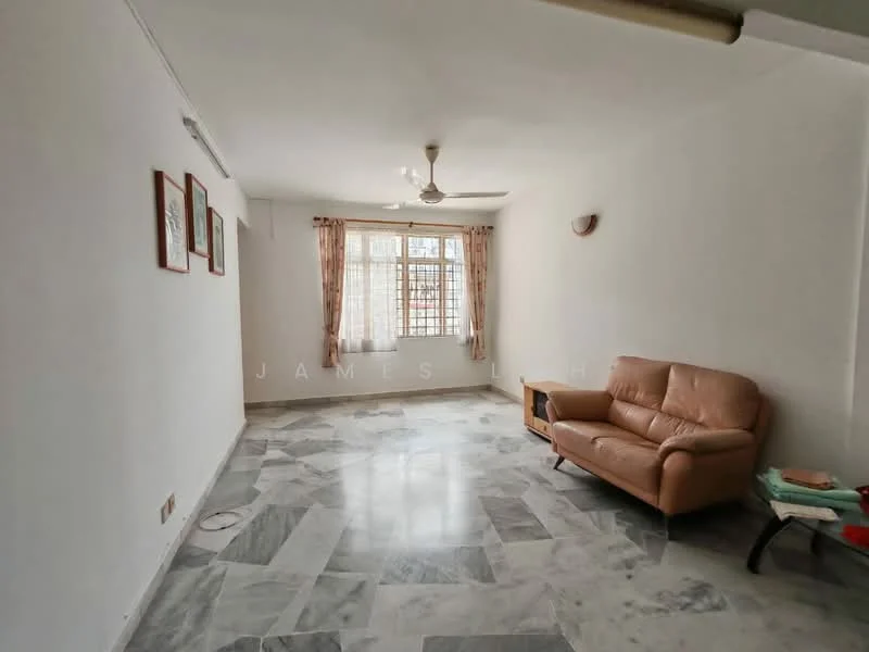 Living features: marble flooring, white painted walls, 5-blade ceiling fan, large window with grid pattern, curtains, 2-seater leather sofa in beige, wall-mounted light fixture, decorative wall frames; style: minimalist.