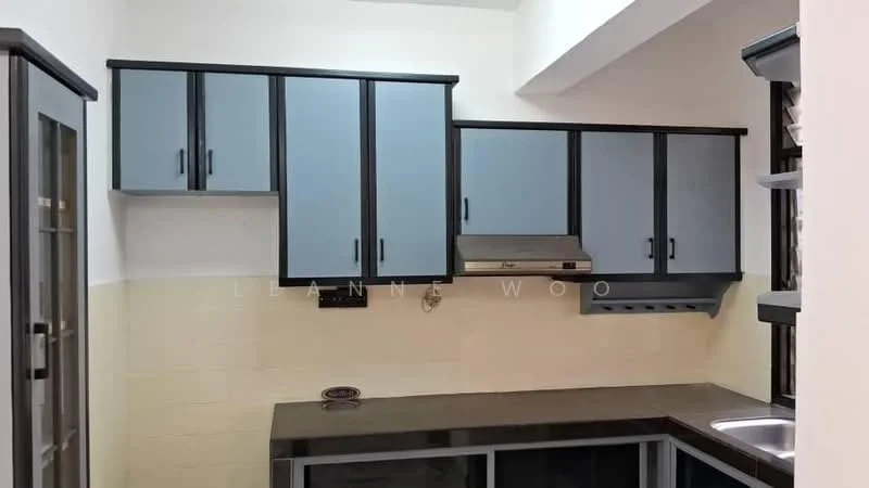 Kitchen features: blue cabinetry with black trim, black countertop, stainless-steel range hood, built-in wall cabinet, open shelving, single-bowl stainless-steel sink, tile backsplash, white painted walls; style: modern.