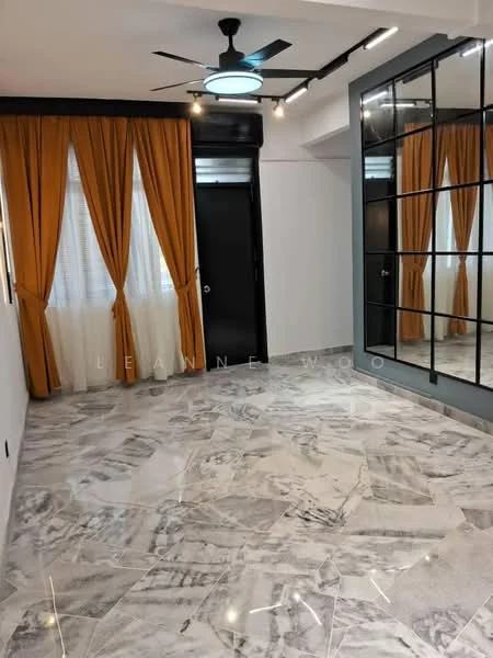 Room features: marble flooring, white painted walls, black sliding door, floor-to-ceiling mirror, 5-blade ceiling fan with light, curtains in mustard yellow, window with sheer curtains, track lighting; style: modern.