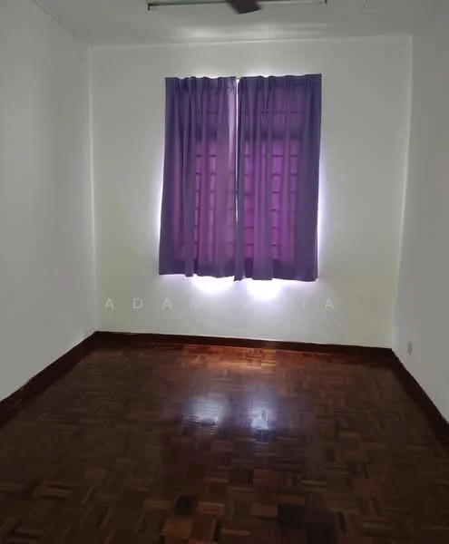 Room features: white painted walls, wooden flooring, purple curtains, two windows, ceiling fan.