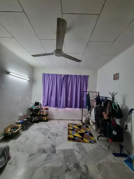 Room features: marble flooring, white painted walls, purple curtain, 5-blade ceiling fan, wall-mounted light fixture, clothes rack, storage boxes, area rug with geometric pattern, cleaning mop, shoe rack; style: minimalist.