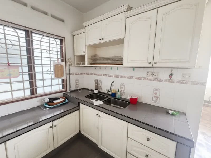 Kitchen features: white cabinetry, grey countertop, double-bowl stainless-steel sink, chrome pull-down faucet, wall-mounted window with security bars, tile backsplash, built-in shelves, kitchen utensils on countertop, paper towel holder, dish rack; style: modern.
